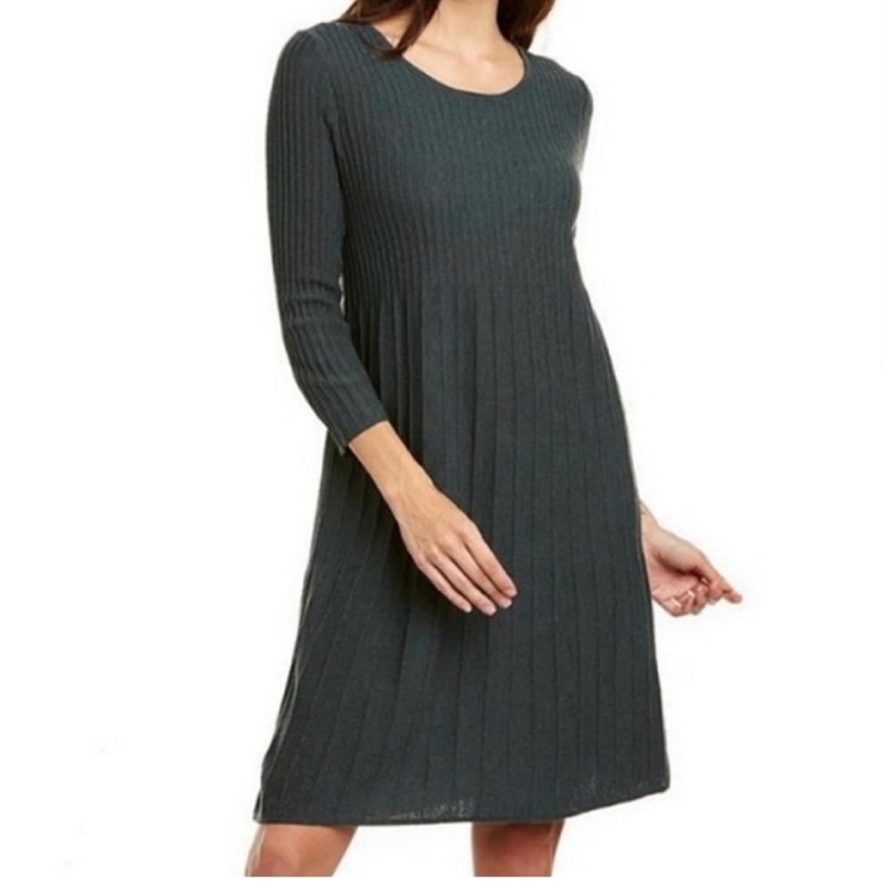FLAW Eileen Fisher Petite 100% Wool Ribbed Dress 3/4 Sleeve Forest Green